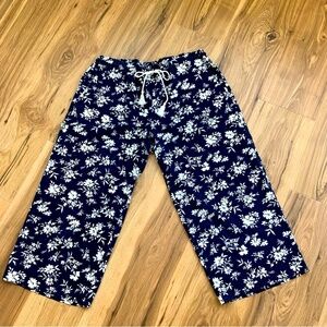 Lauren Ralph Lauren Blue & White Floral Wide Leg Tie‎ Waist Cropped Pants Sz L
